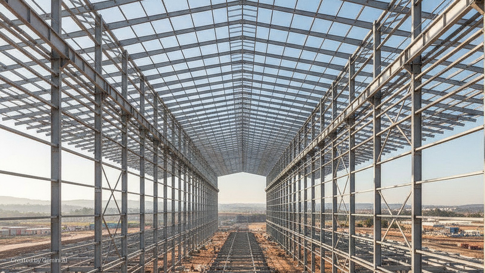 The expansive steel framework of a large industrial building under construction, with repetitive columns and roof trusses receding into the distance under a bright, clear sky.