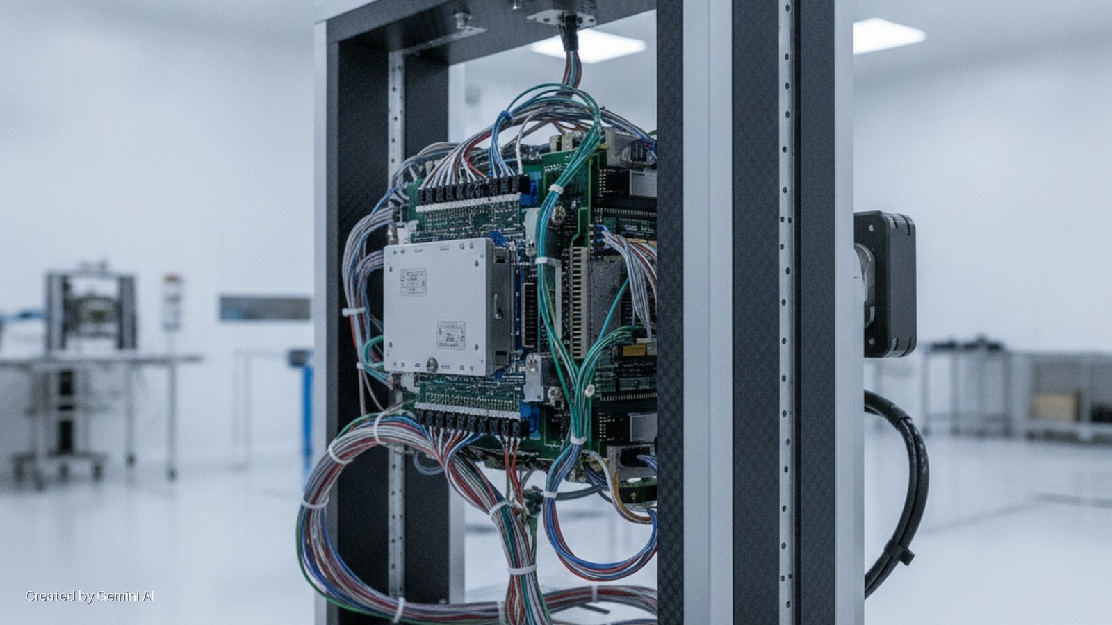 Electronic circuit boards densely wired with multicolored cables are mounted in a metal frame within a brightly lit cleanroom.