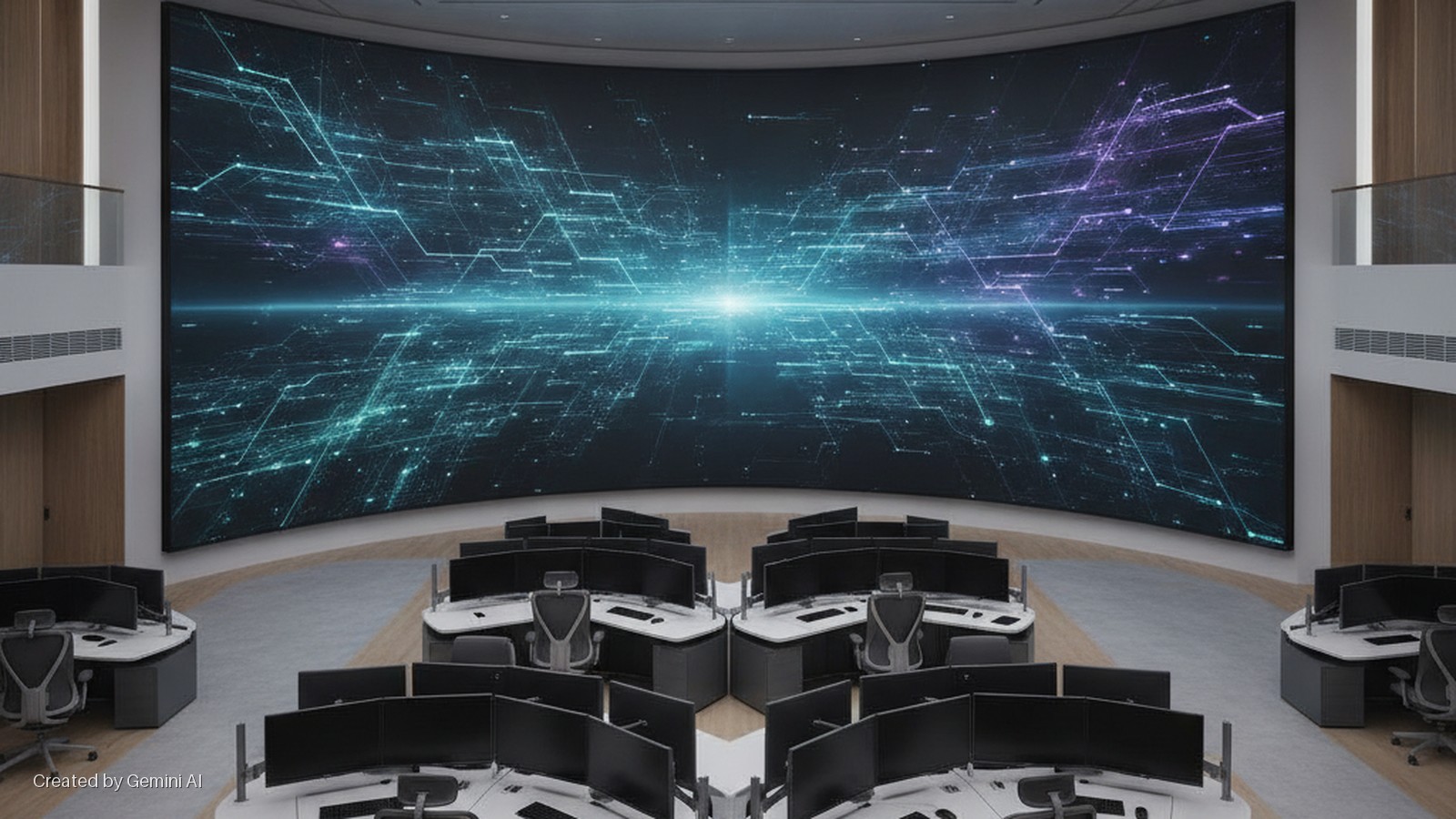 A modern control room features a massive, curved screen displaying a glowing blue and purple network visualization, with several workstation clusters in the foreground, each equipped with multiple computer monitors.