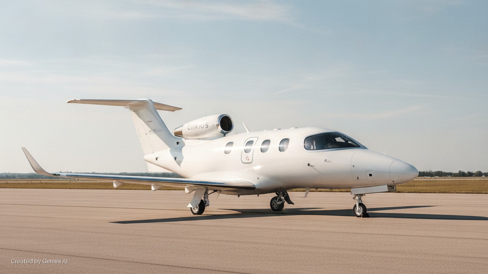 A white Cirrus Vision Jet is parked on an asphalt tarmac under a clear, sunny sky, casting long shadows.