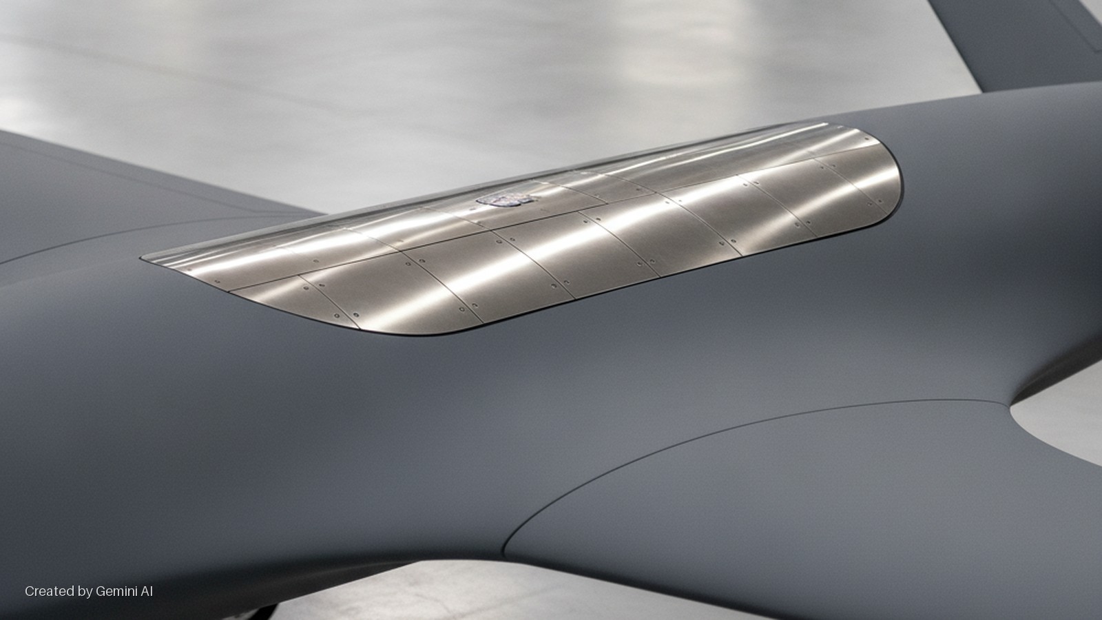 A gray aircraft body features a rectangular, reflective, riveted metallic panel on its upper surface, viewed under bright indoor lighting.