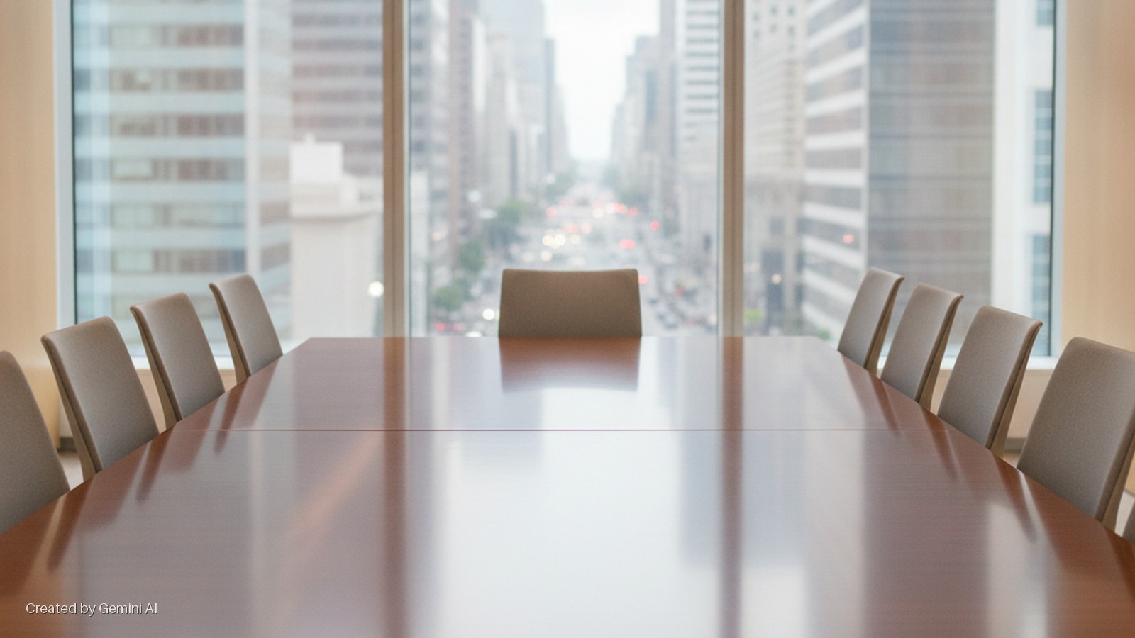 An empty conference room features a long, glossy wooden table surrounded by rows of light-colored chairs, brightly lit by daylight from a large window overlooking a blurred city street and tall buildings.