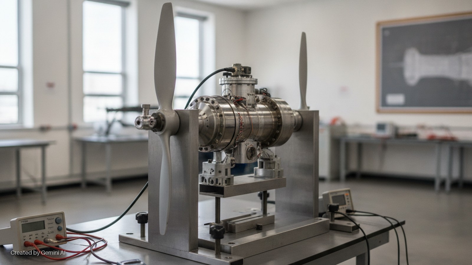 A polished metal experimental apparatus featuring two small propellers flanking a central cylindrical unit, mounted on a stand and connected to two digital multimeters, sits on a table in a brightly lit laboratory.