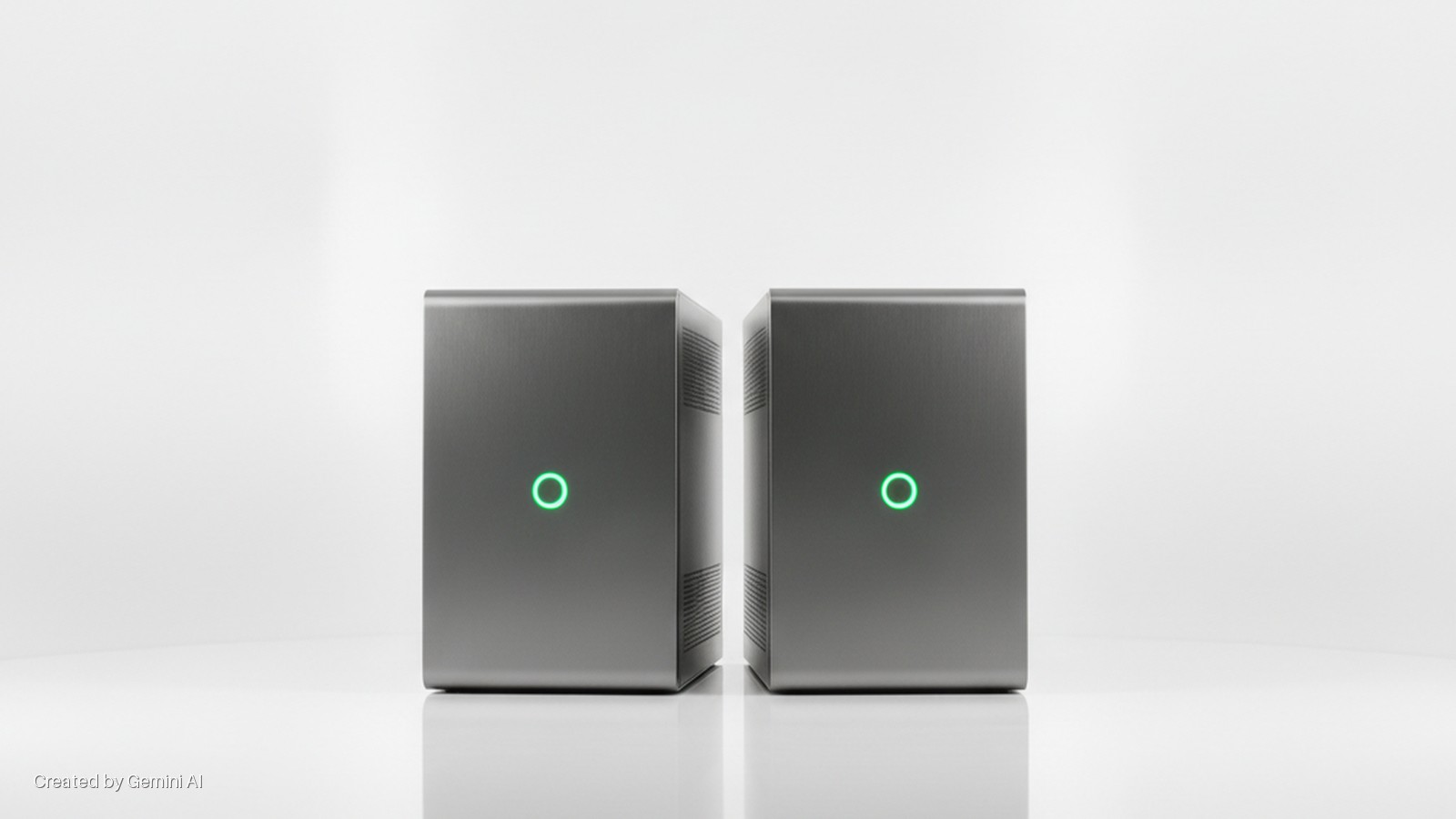 Two grey rectangular devices, each with a glowing green circular light, stand on a reflective white surface against a bright white background.