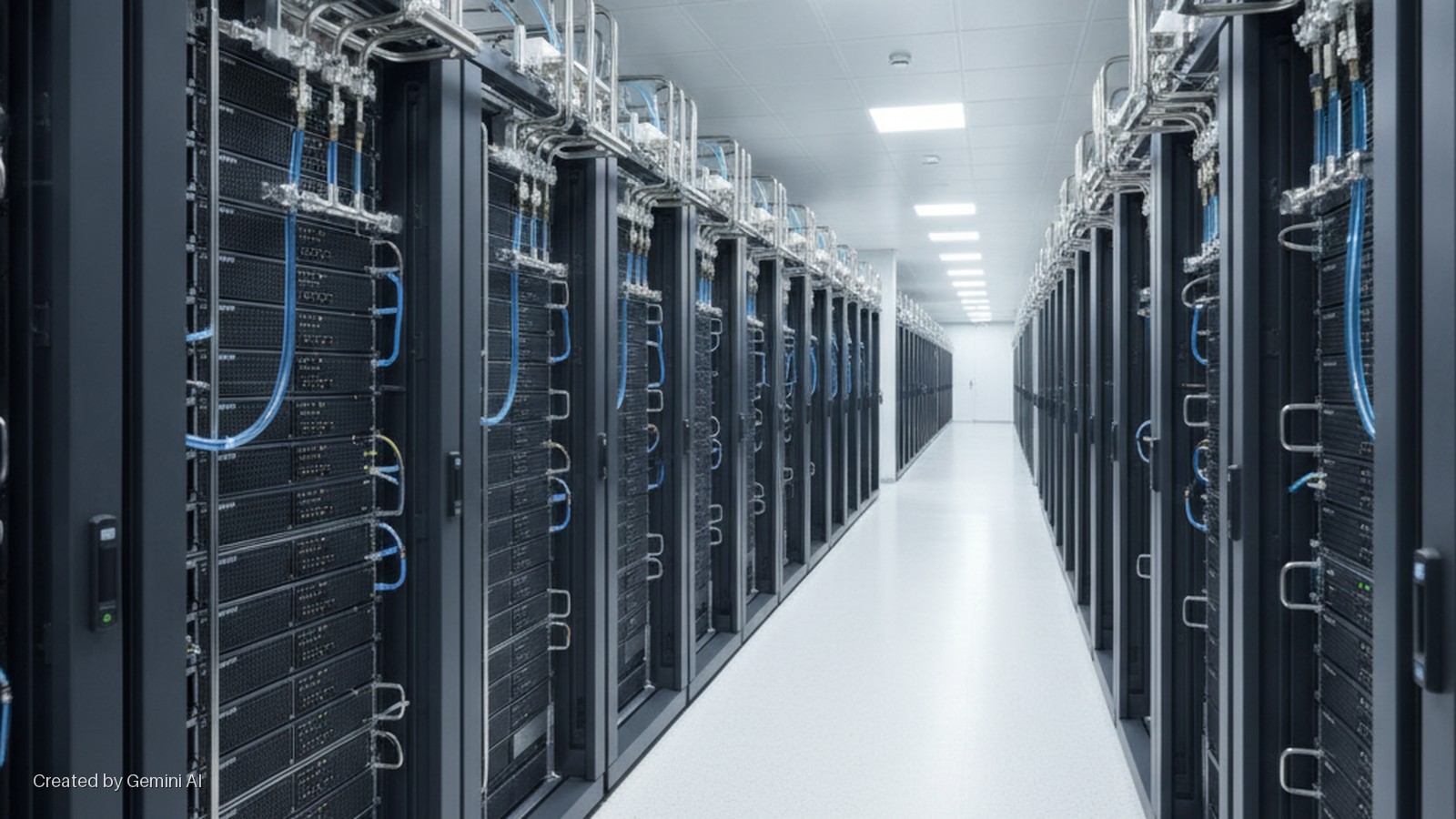 A brightly lit, long aisle in a modern data center is flanked by rows of dark server racks featuring blue liquid cooling tubes and overhead piping.