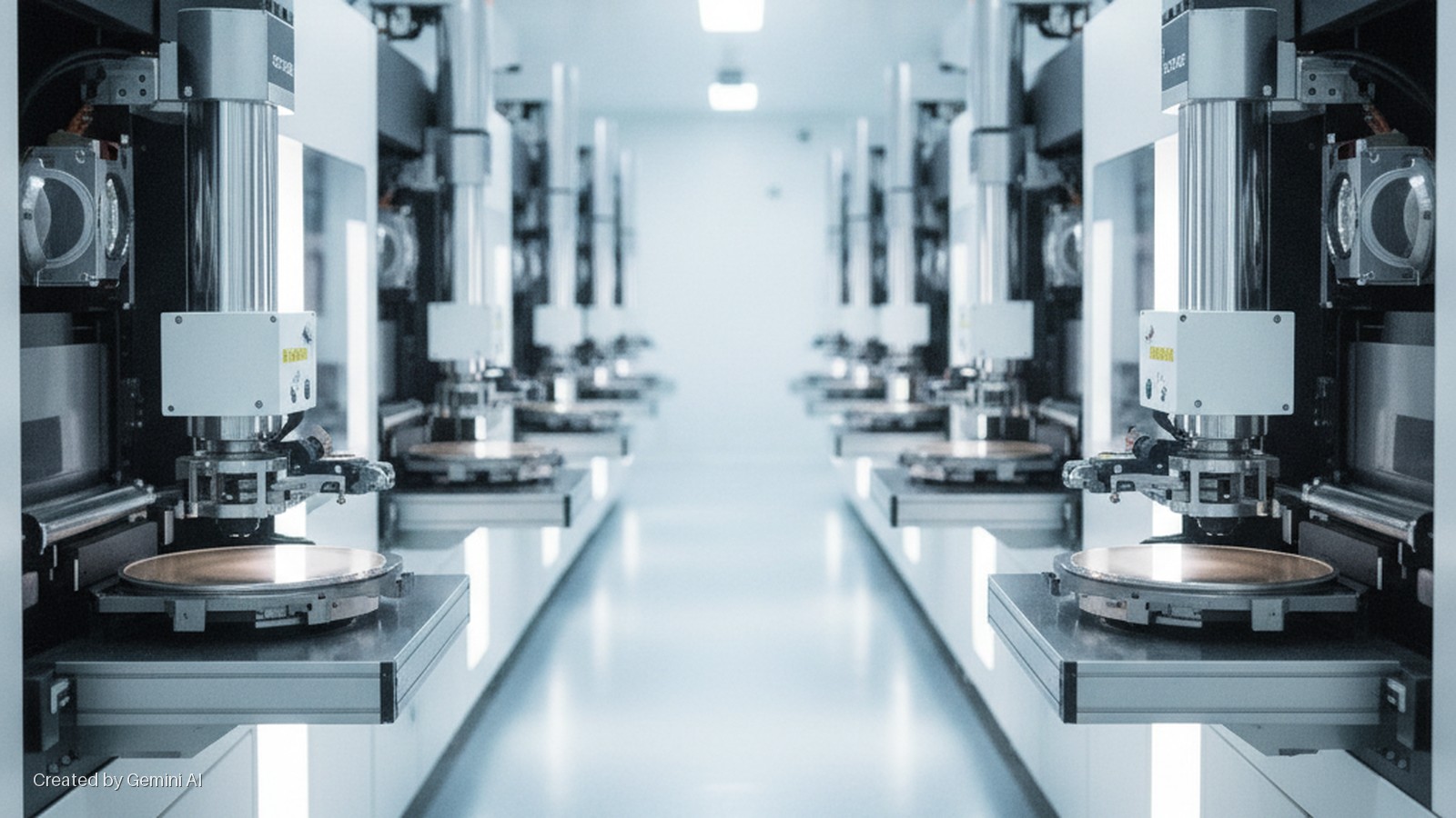 A brightly lit cleanroom hallway showcases rows of automated manufacturing machines, each holding a circular wafer on a platform.