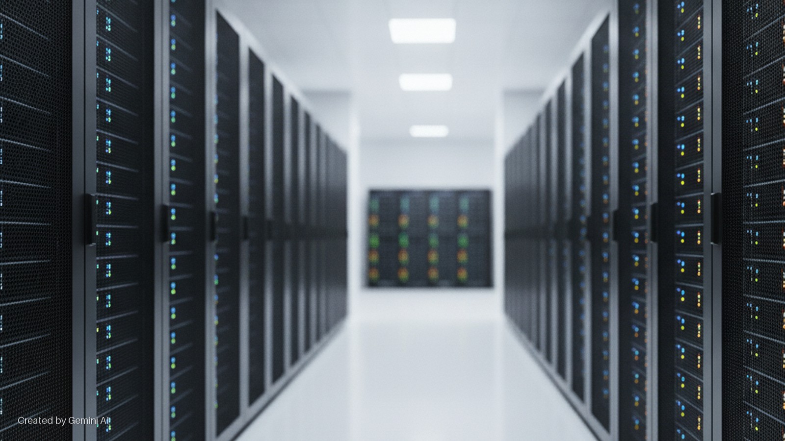 A brightly lit data center aisle features rows of dark server racks lining both sides, displaying numerous blinking blue, green, and yellow indicator lights.