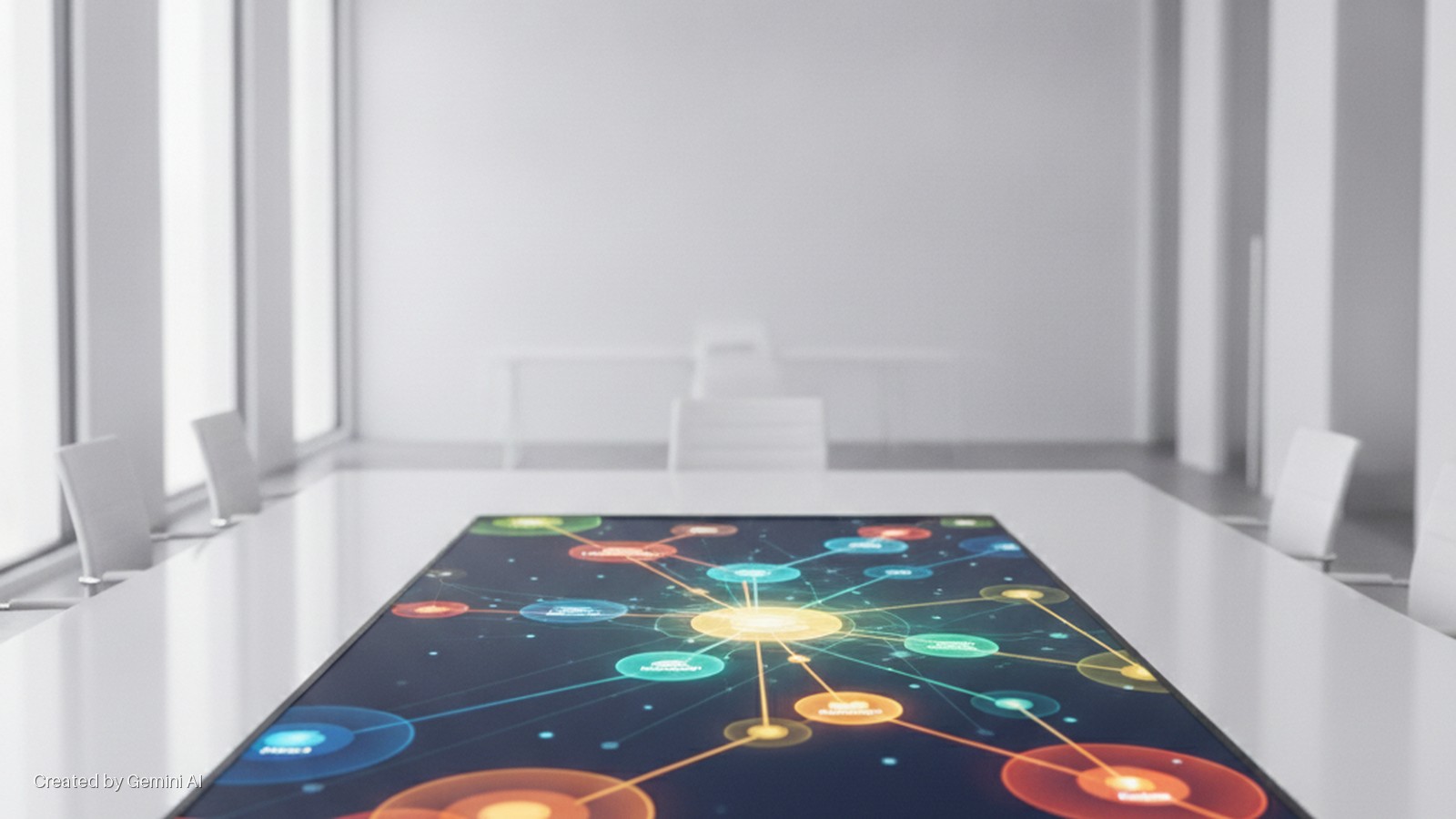 A bright, modern conference room features a long white table with an embedded interactive display showing a glowing network diagram, surrounded by white chairs and large windows.