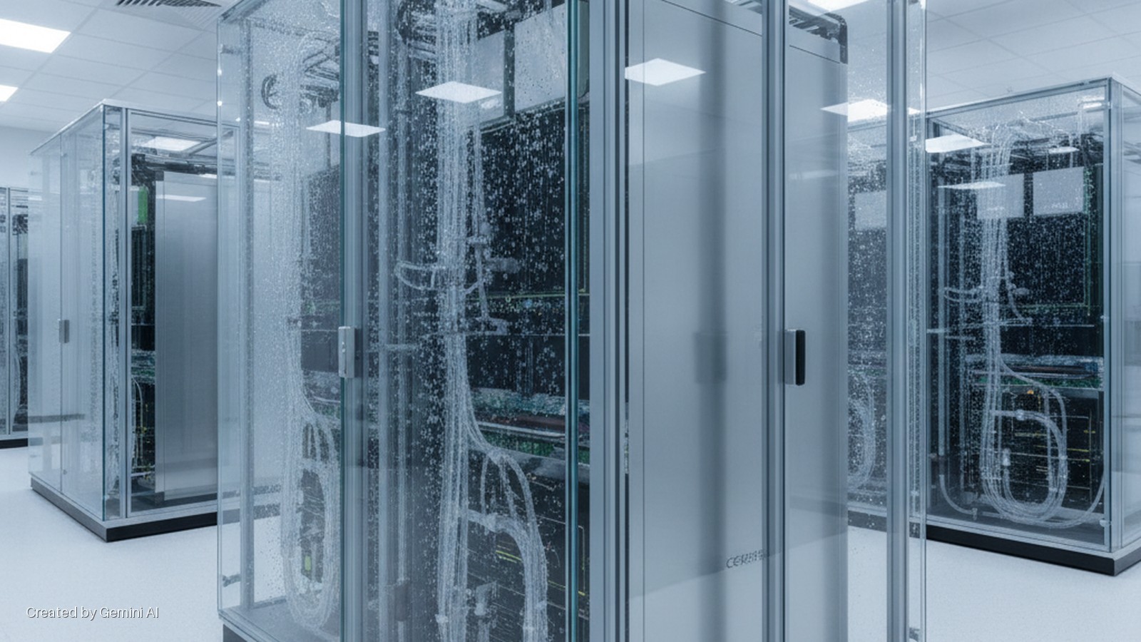 A modern data center features rows of liquid-cooled server racks enclosed in glass, with visible bubbles and tubing, under bright overhead lighting.