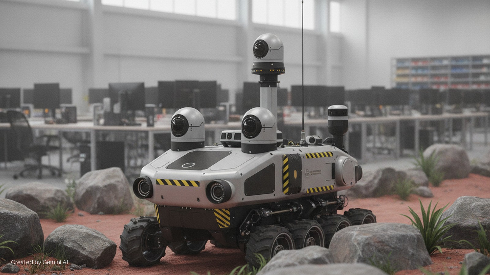 A futuristic grey and black robotic rover with multiple cameras and an antenna stands on reddish, rocky ground with sparse green plants, against a brightly lit, blurred office interior featuring rows of desks and computers.
