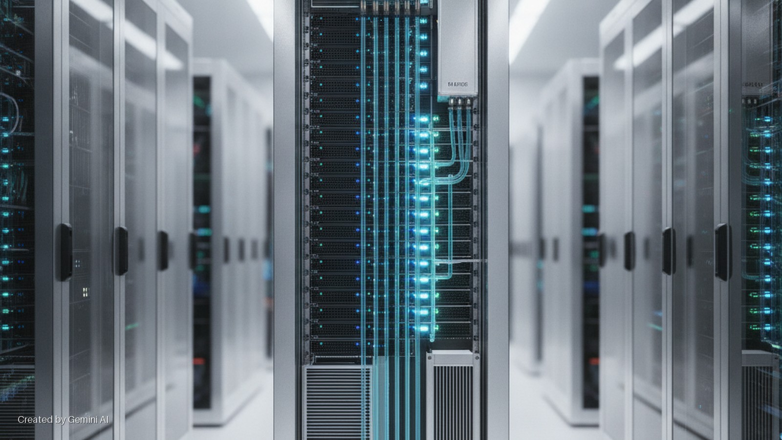A brightly lit data center aisle features a central server rack with numerous glowing blue cables and internal components, flanked by rows of other server racks extending into the distance.