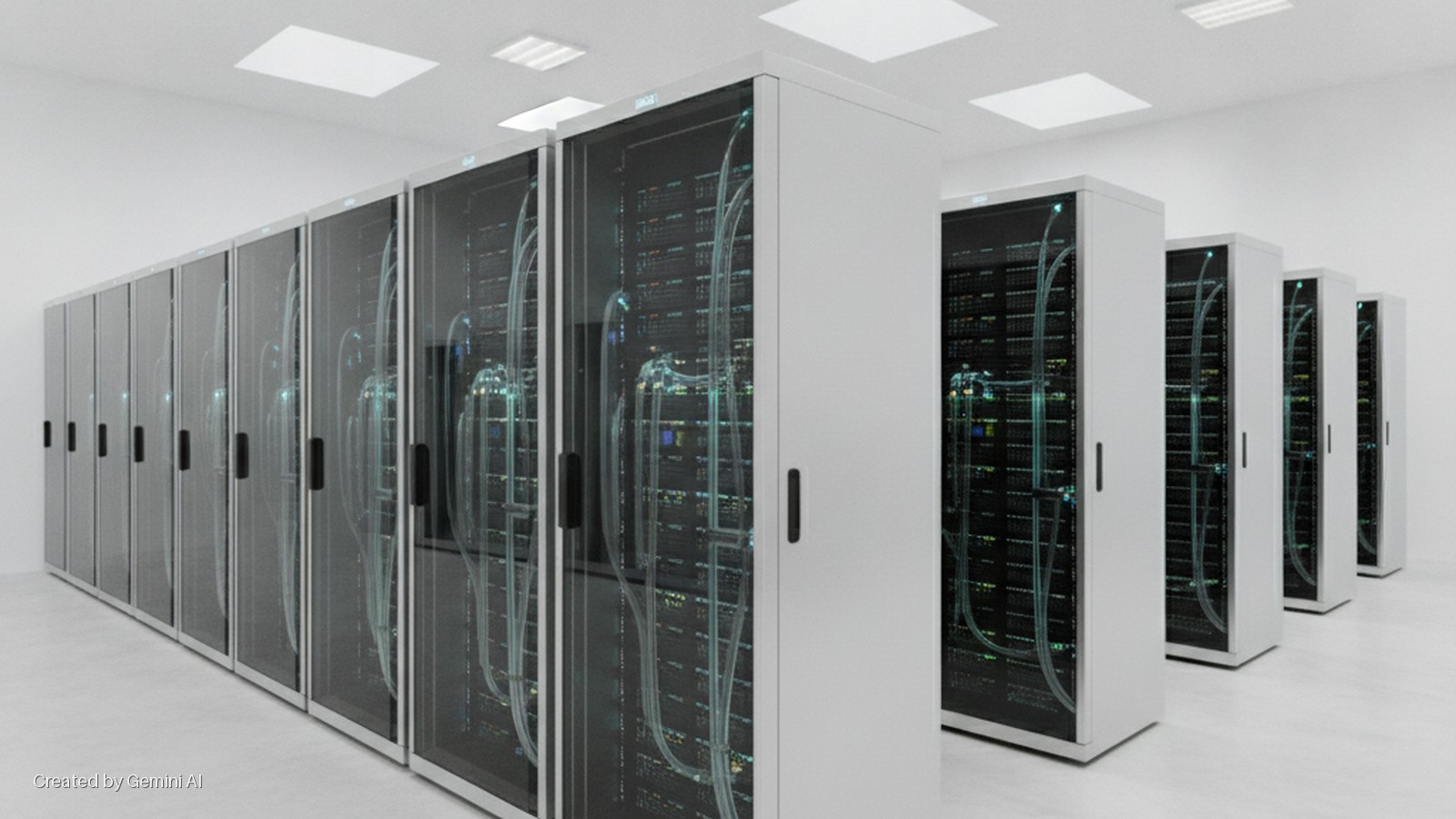 White server racks with transparent doors displaying glowing servers and cables line a brightly lit data center.