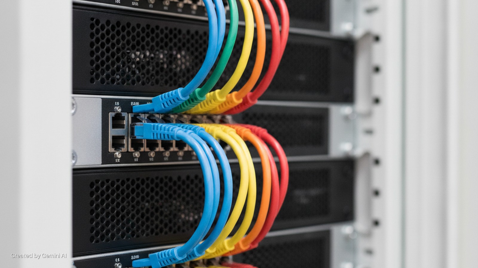 Network switches in a server rack with connected blue, green, yellow, orange, and red Ethernet cables, under bright indoor lighting.