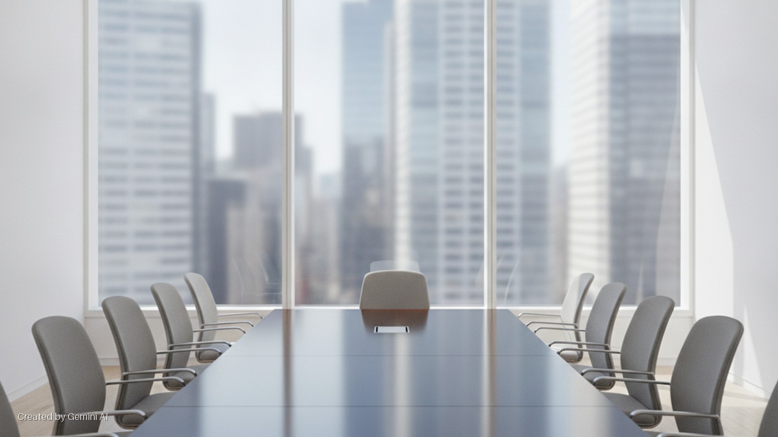 A brightly lit modern conference room features a long dark table surrounded by grey chairs, with a blurred city skyline visible through a large window.