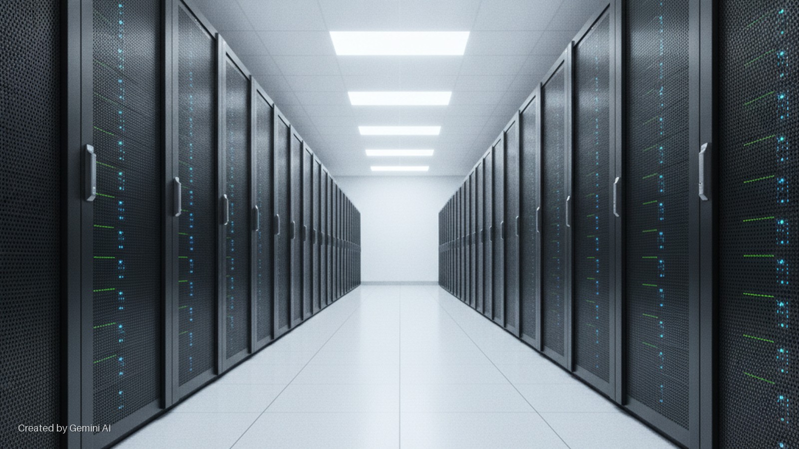 A long, symmetrical data center hallway features rows of dark server racks with perforated doors and glowing blue and green indicator lights on either side, illuminated by bright overhead panel lights and leading to a distant white wall.