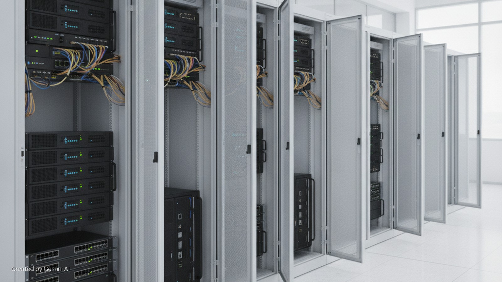 A brightly lit data center with a long row of open server racks displaying networking equipment, servers, and colorful cables.