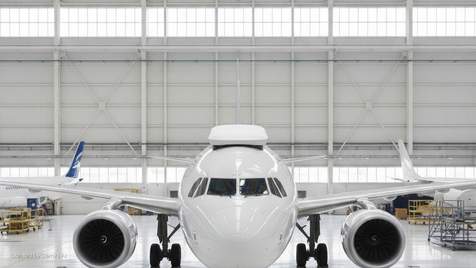 A white jet aircraft with a roof-mounted radome is brightly lit and viewed head-on inside a large hangar featuring structural beams and high windows, with parts of other aircraft visible in the background.