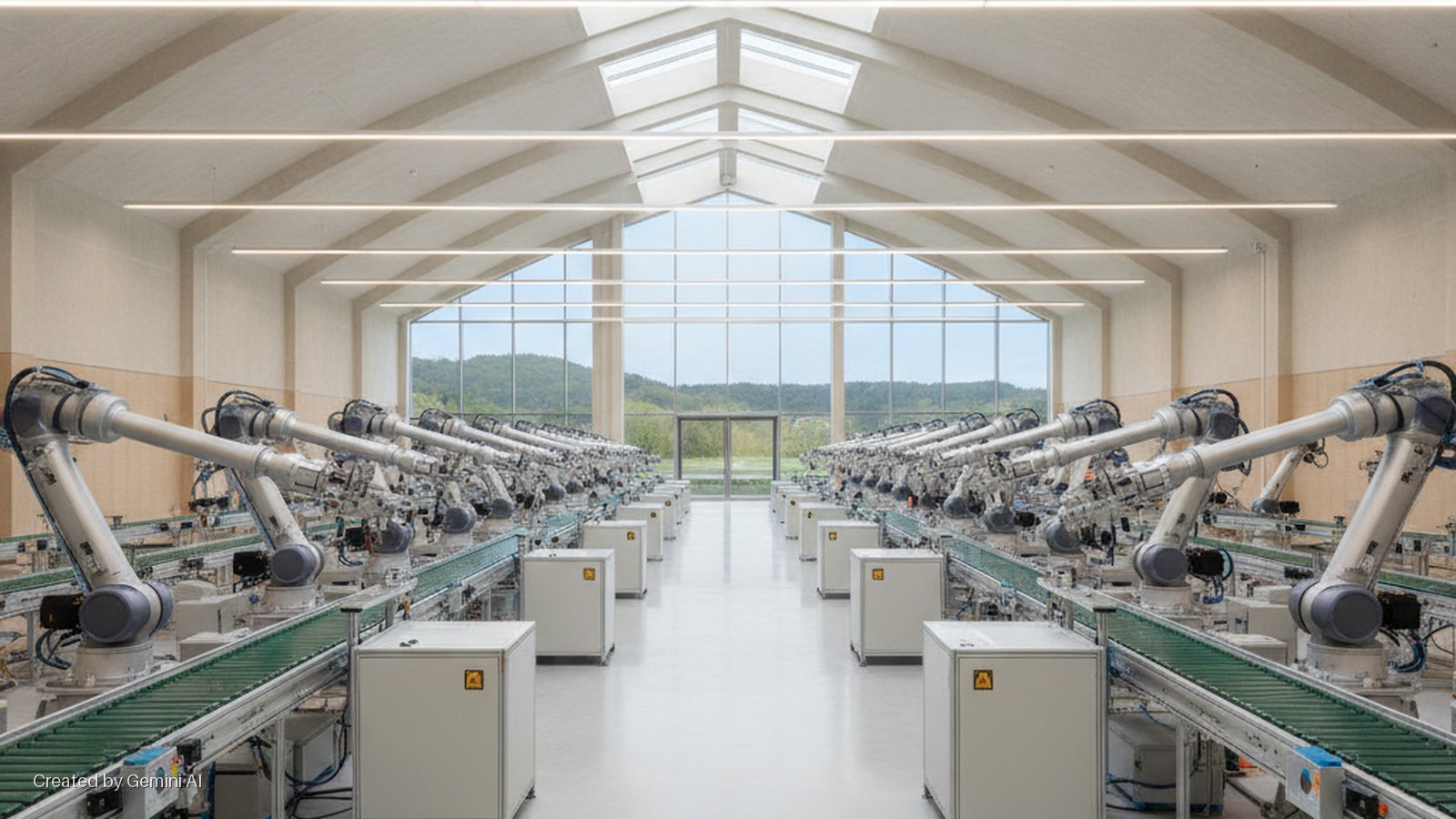 A bright, modern industrial hall features two parallel lines of robotic arms above conveyor belts and control cabinets, with natural light from large end windows revealing a green landscape and overhead skylights.
