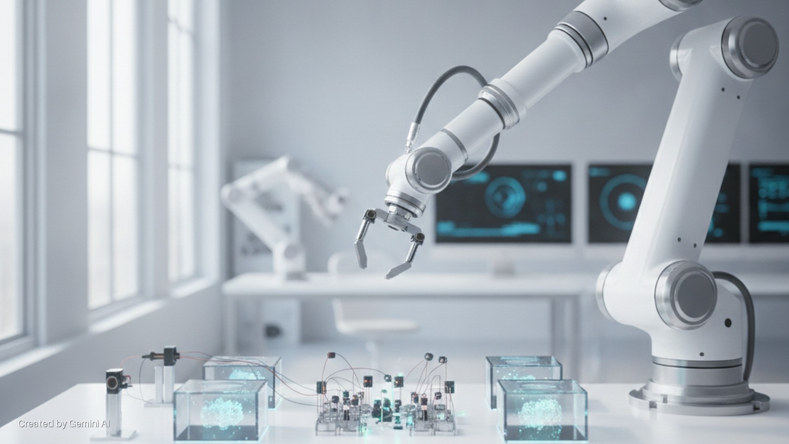 A white robotic arm extends over electronic components and illuminated transparent cubes on a laboratory table, with bright windows and data-displaying monitors in the background.