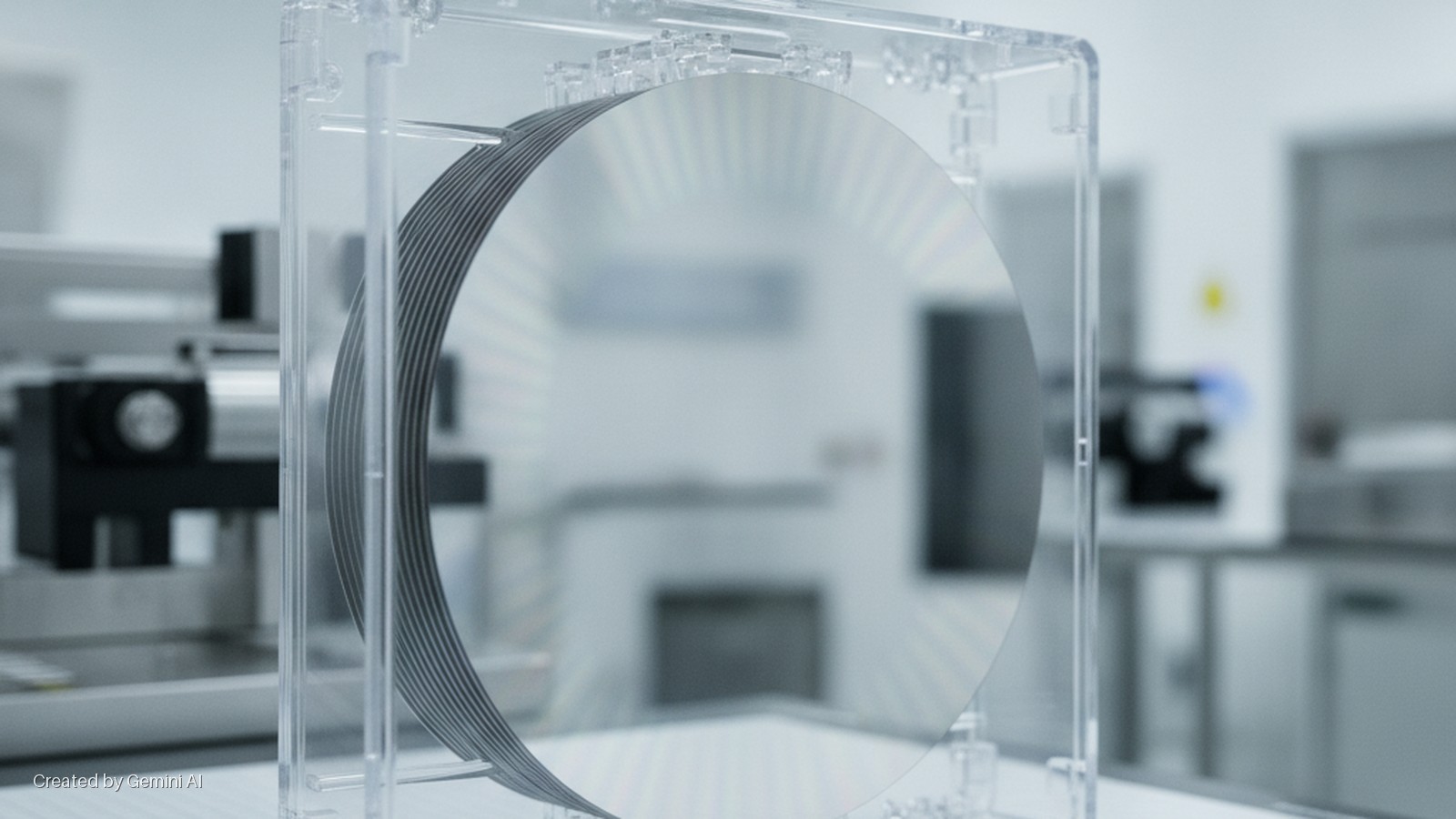A stack of silicon wafers is held vertically in a clear plastic cassette within a brightly lit laboratory or cleanroom environment.