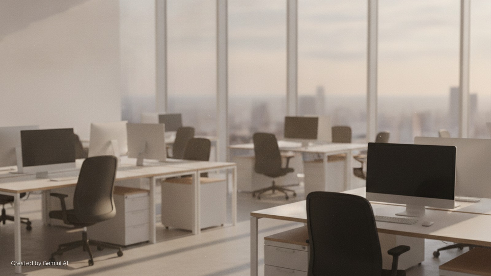 An empty, modern office features rows of white desks, computers, black office chairs, and filing cabinets, brightly illuminated by natural light from large windows overlooking a city skyline.