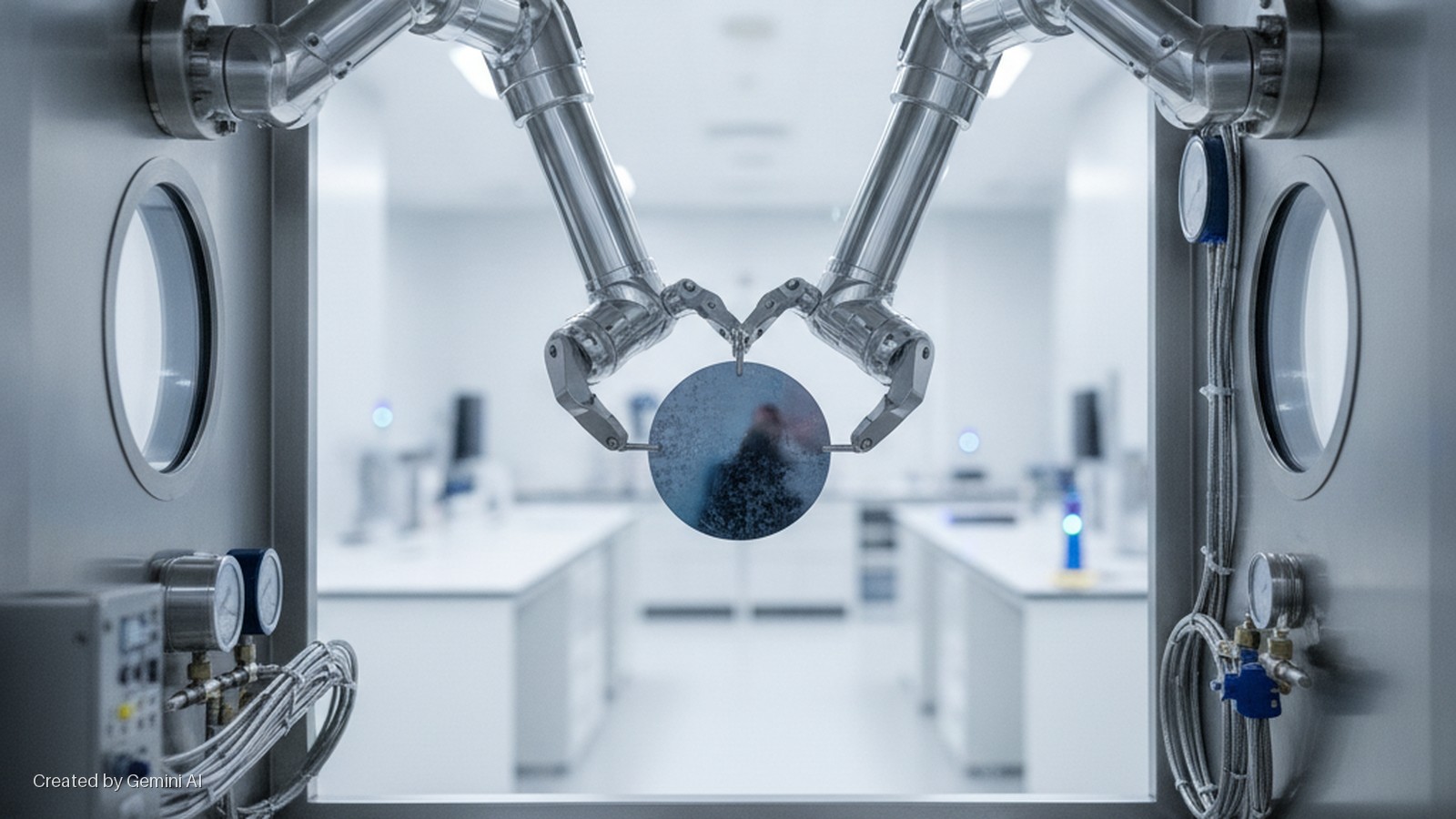 Two metallic robotic arms hold a patterned circular wafer, framed by industrial equipment with gages and cables, looking into a brightly lit, sterile laboratory.