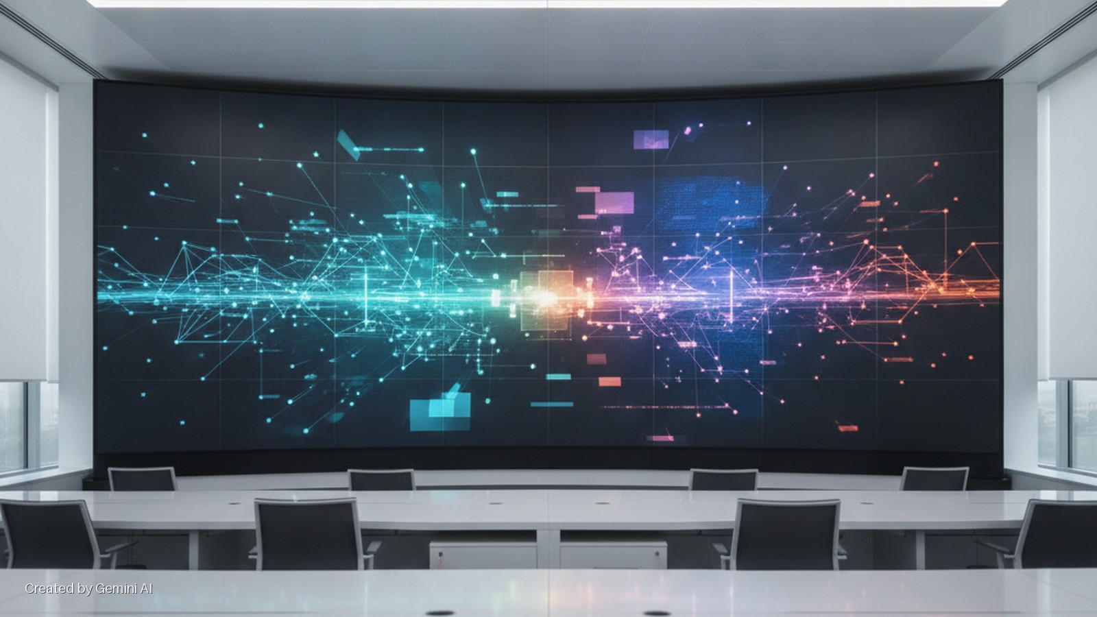 A brightly lit, modern conference room features a long white conference table and black chairs facing a large, curved screen displaying a colorful network data visualization.