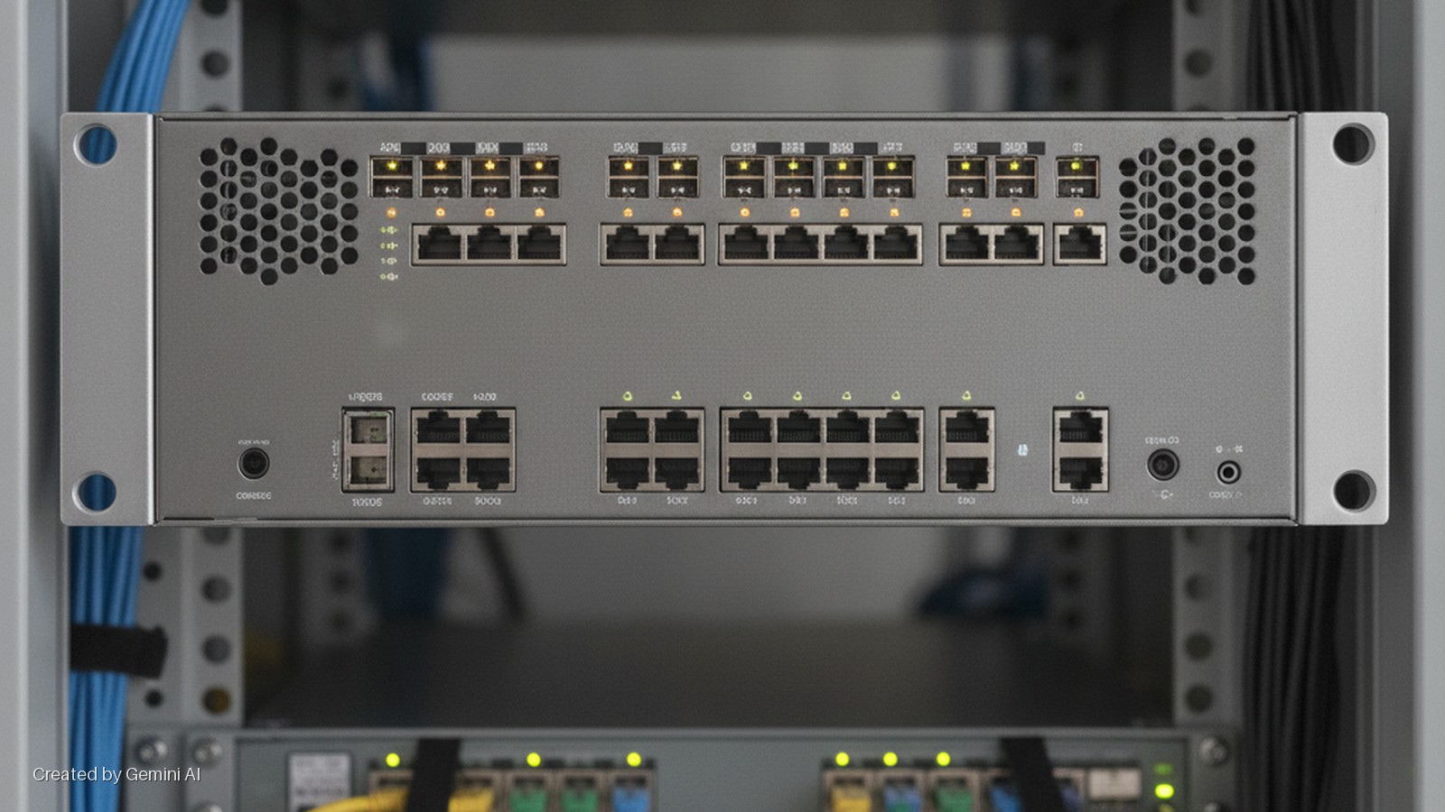 A grey network switch with numerous active Ethernet and SFP ports displays glowing yellow and green status LEDs while mounted in a server rack with visible blue cabling.