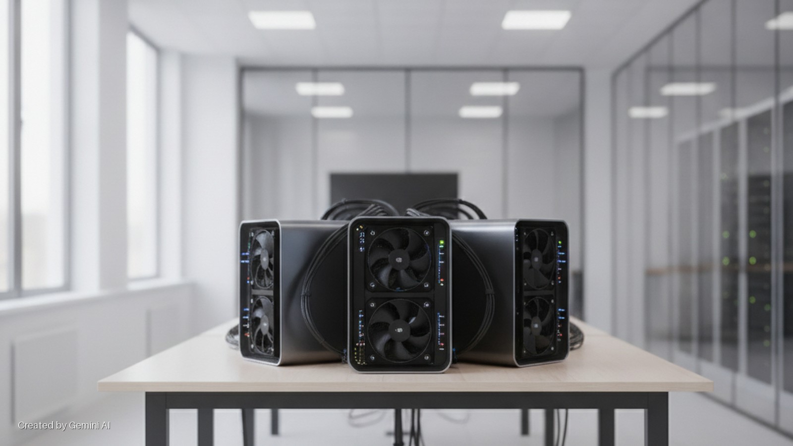 Five black computing units with visible fans and indicator lights are arranged in a slight curve on a light wooden table within a brightly lit office, featuring large windows and server racks visible through glass partitions.