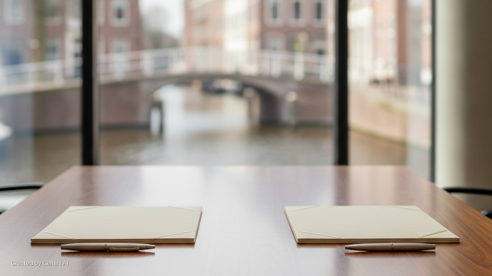 A polished wooden table with two cream document folders and pens is bathed in natural light from a large window overlooking a blurred canal, bridge, and buildings.