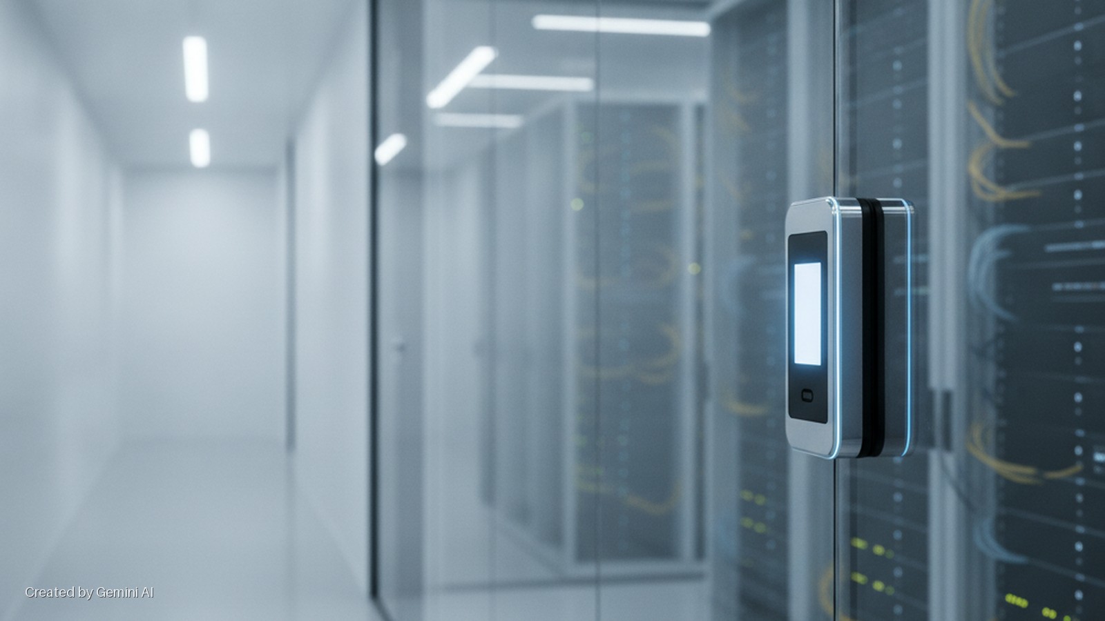 A glowing electronic access control device on a glass partition separates a bright, empty hallway from a server room filled with racks and yellow cables.