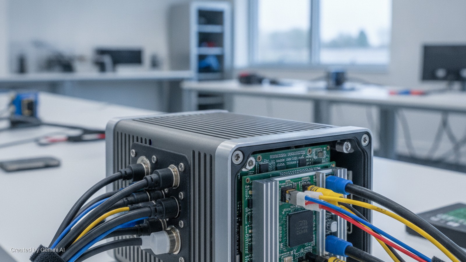A ruggedized embedded computer system with exposed circuit boards and multiple colored cables is on a white desk in a bright, modern office or laboratory.