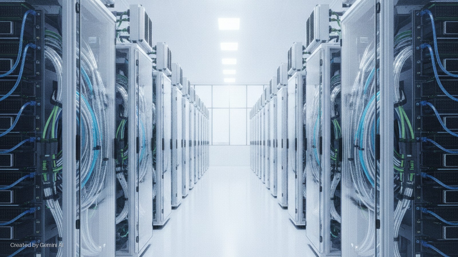 Brightly lit data center aisle featuring long rows of server racks with visible blue, green, and white cables behind clear doors, leading to windows at the far end.