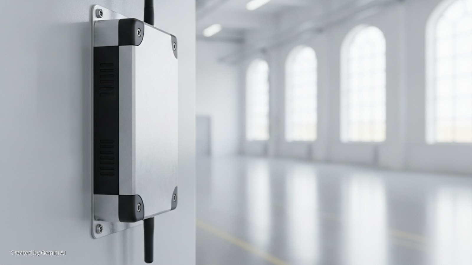 A silver-colored industrial device with black vented sides and two antennas is wall-mounted in a bright, empty white room featuring arched windows and a reflective floor.