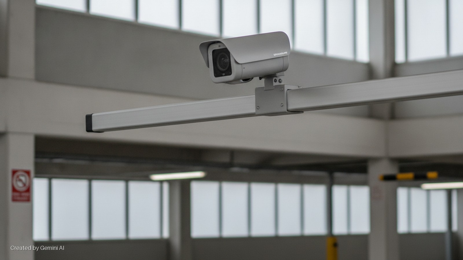 A grey surveillance camera, mounted on a horizontal bar, is positioned in a bright indoor parking garage with large windows, concrete pillars, a "no smoking" sign, and a yellow-striped barrier.