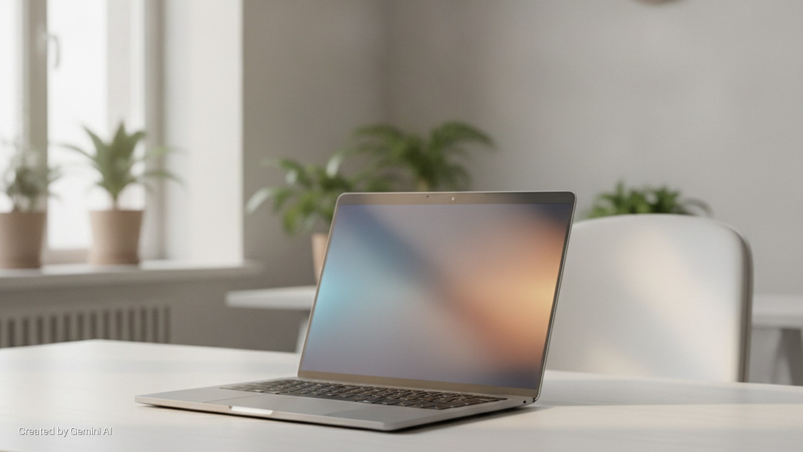 A silver laptop displaying a colorful gradient screen is on a white desk, with a brightly lit window, potted plants, and a chair in the blurred background.
