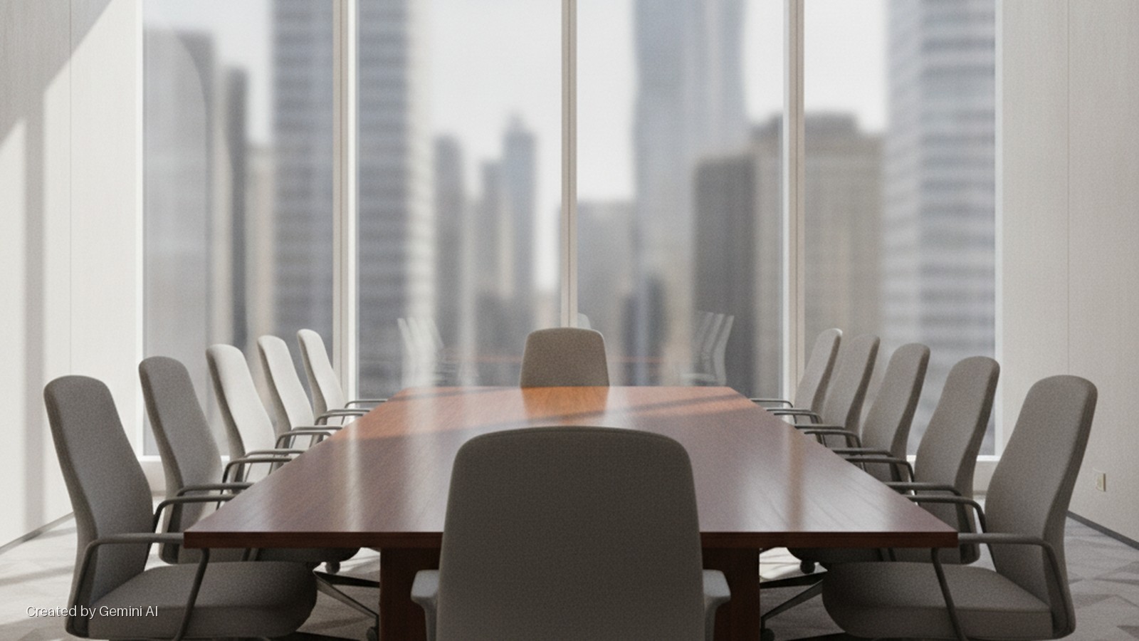 A sunlit conference room with a long wooden table surrounded by grey chairs, facing large windows that offer a blurred view of a city skyline.