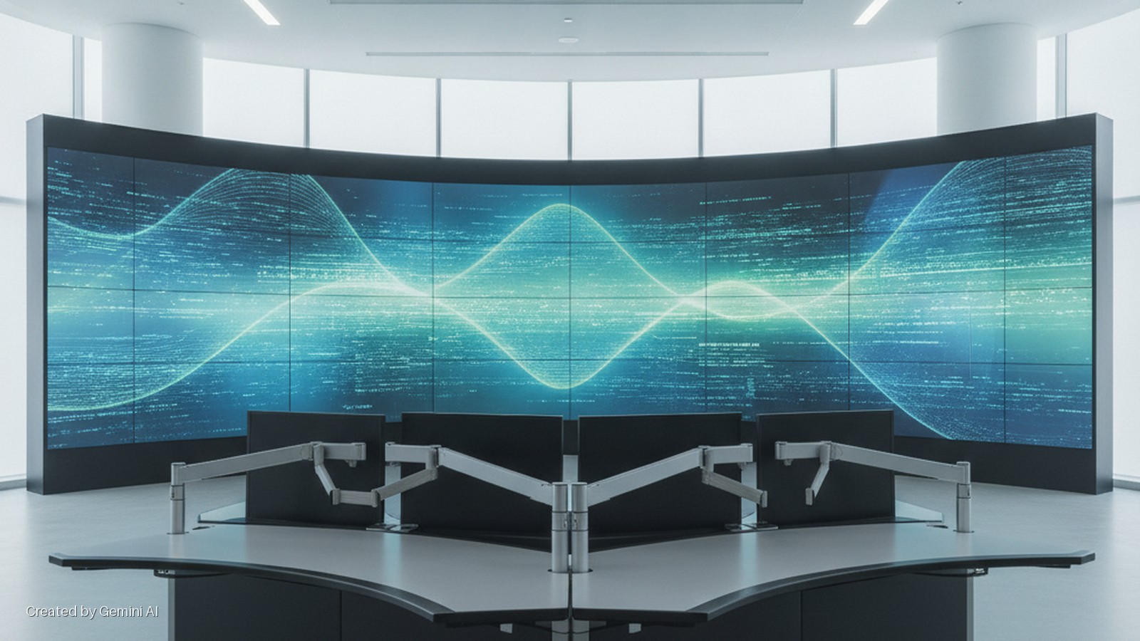 A modern control room features a large curved video wall displaying abstract blue and green digital data and wavy patterns, with a curved console desk and multiple monitor arms in the foreground, illuminated by bright overhead lighting.