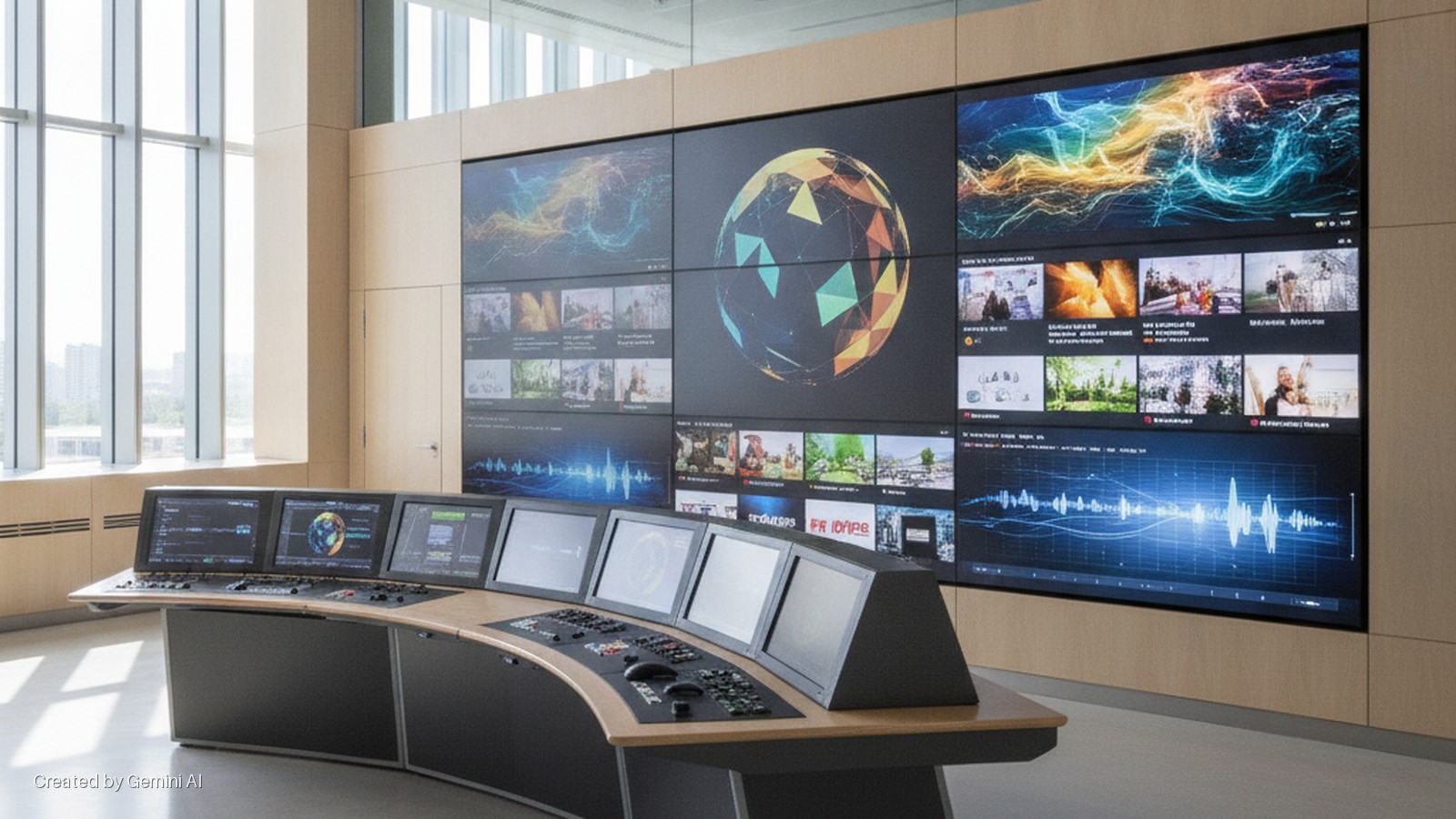 A modern control room features a curved control console with multiple monitors and controls, facing a large video wall displaying abstract digital art, video feeds, and an audio waveform, brightly lit by natural light from tall windows over
