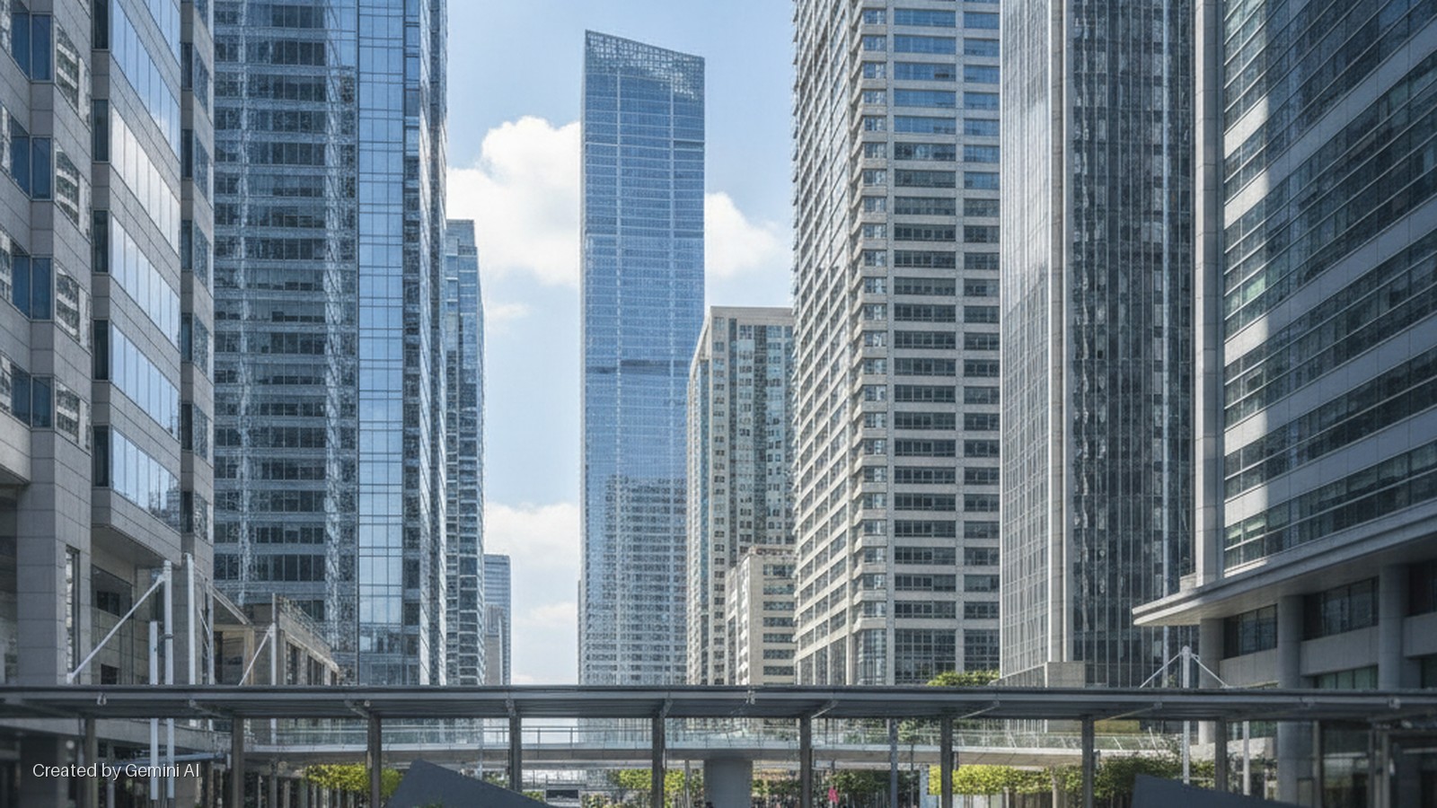 A modern urban scene with multiple tall skyscrapers of glass and concrete, and an elevated pedestrian bridge in the foreground, under bright daylight.