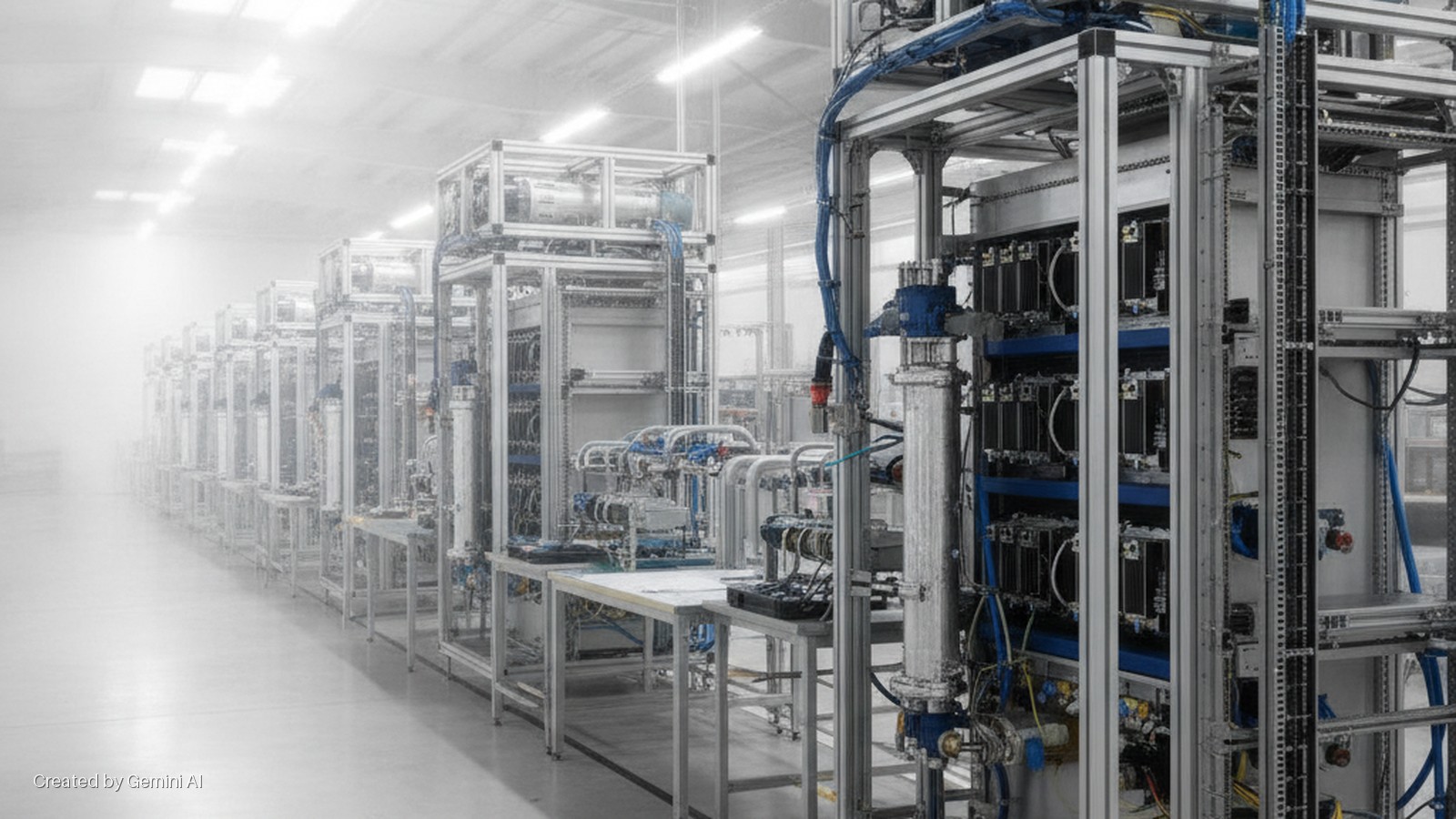 Rows of modular industrial equipment with tubing and wiring extend into the hazy distance of a brightly lit factory or testing facility.