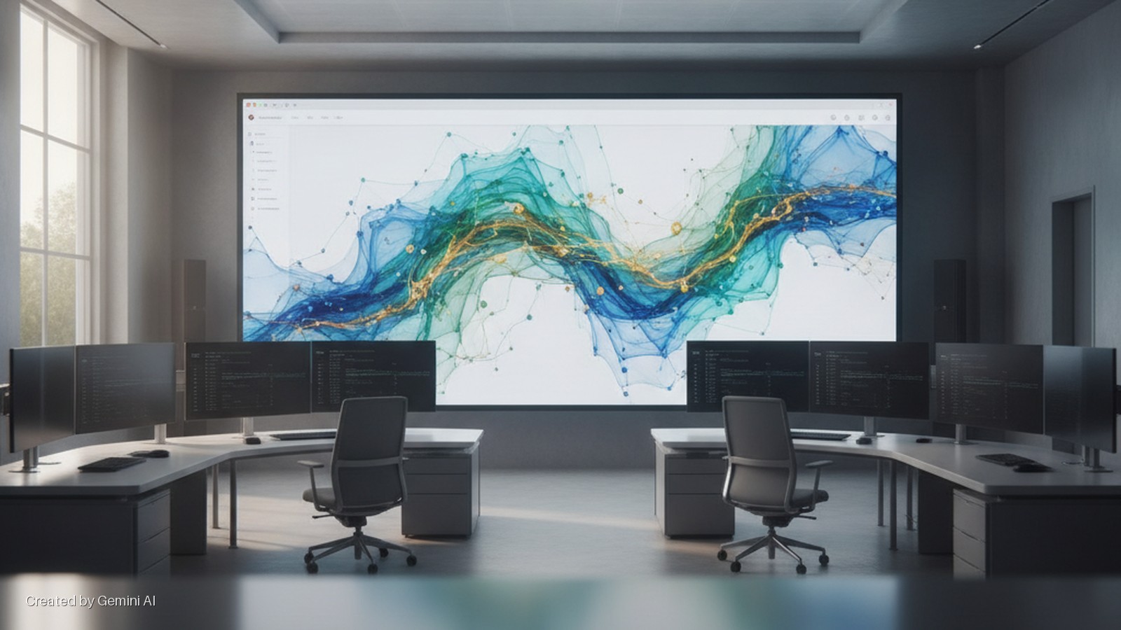 A modern control room features a large display with a vibrant abstract data visualization, two multi-monitor workstations showing code, and two office chairs, with natural light entering from a large window on the left.