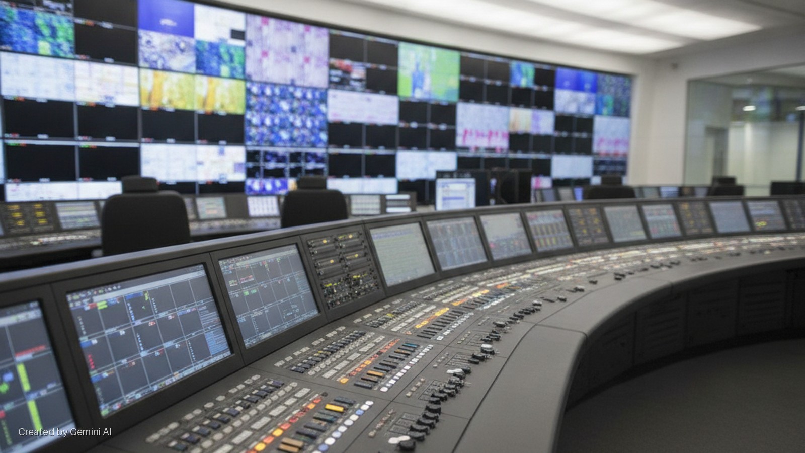 A well-lit control room features a large, curved operations desk with numerous embedded monitors, buttons, faders, and knobs, positioned in front of a massive video wall displaying multiple screens with various video feeds and data.