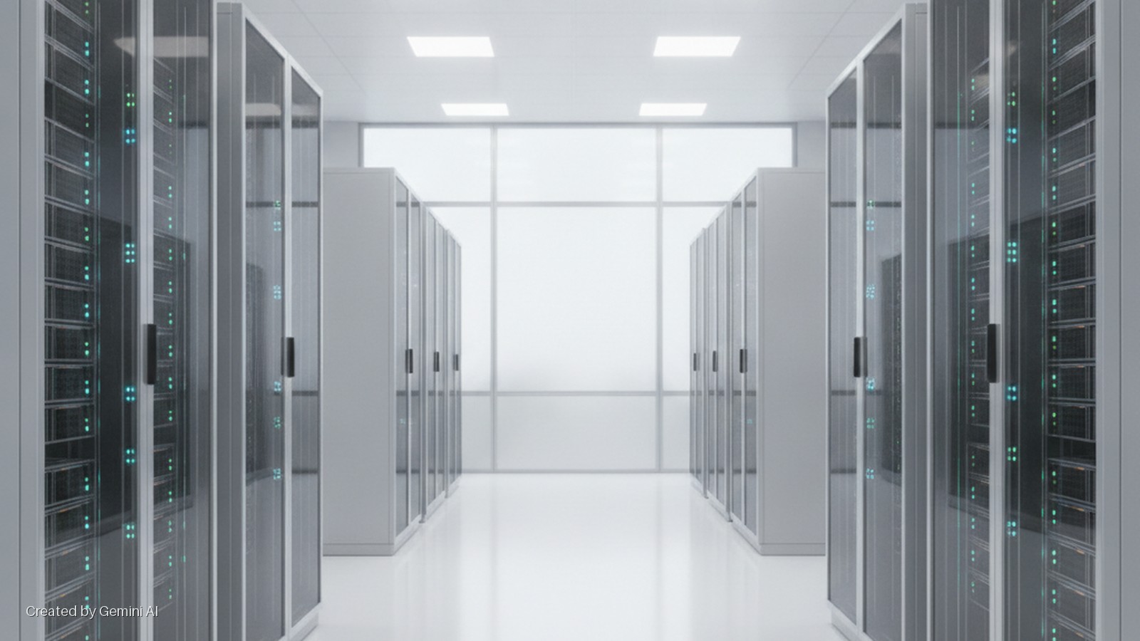 A clean, brightly lit server room features rows of grey server racks with glass doors and blinking blue lights, extending down a white aisle towards a wall of large windows.