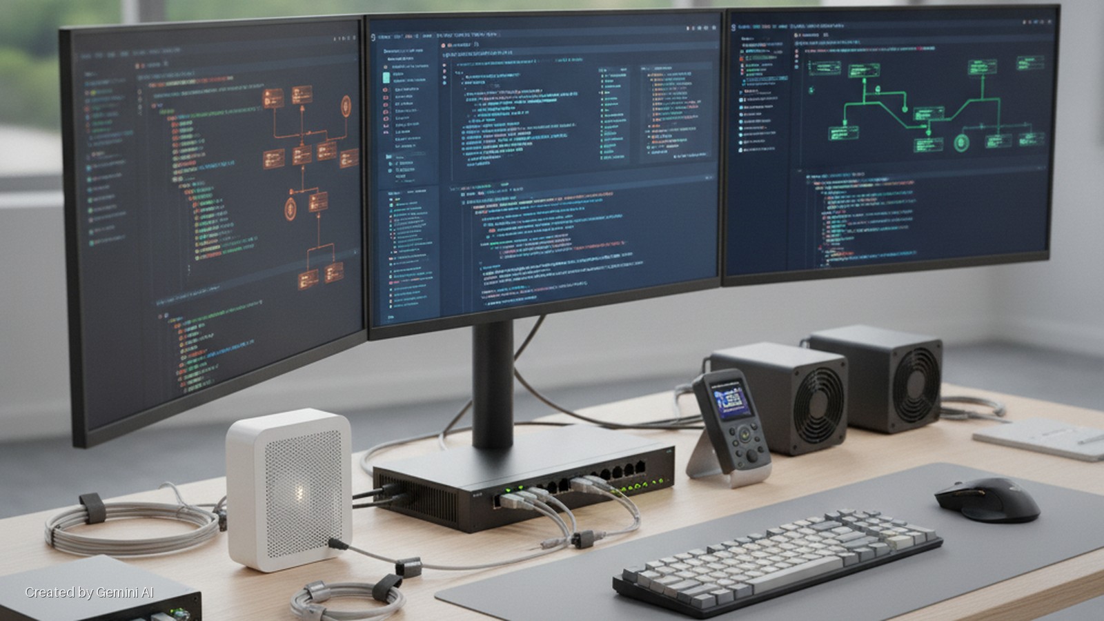 Three monitors displaying code and network diagrams are arranged on a brightly lit wooden desk alongside a network switch, a white internet gateway, two server modules, a handheld controller on a stand, a keyboard, a mouse, and neatly coile