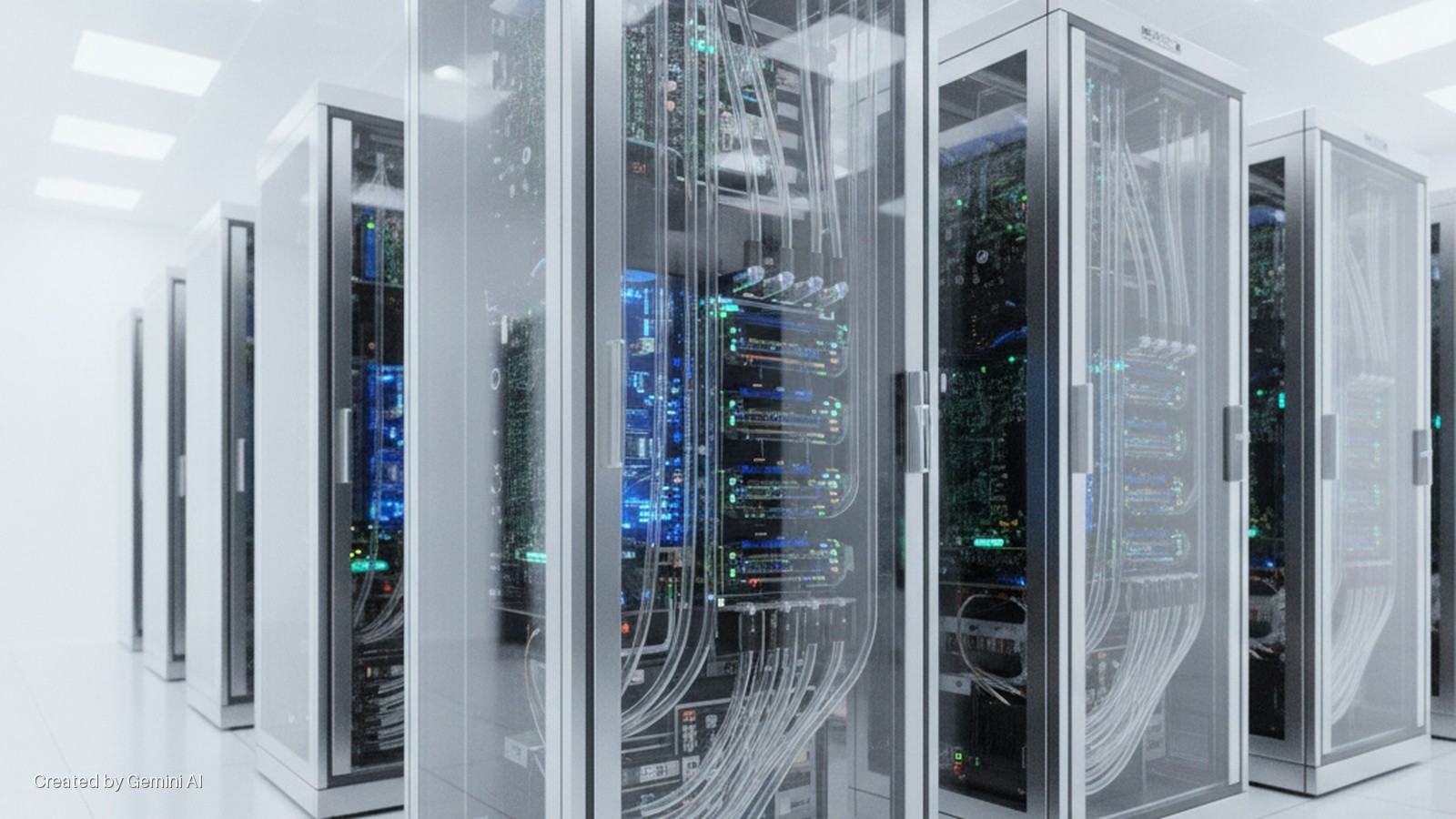 Rows of modern server racks with glowing blue and green indicator lights and visible cabling line a brightly lit, white data center.