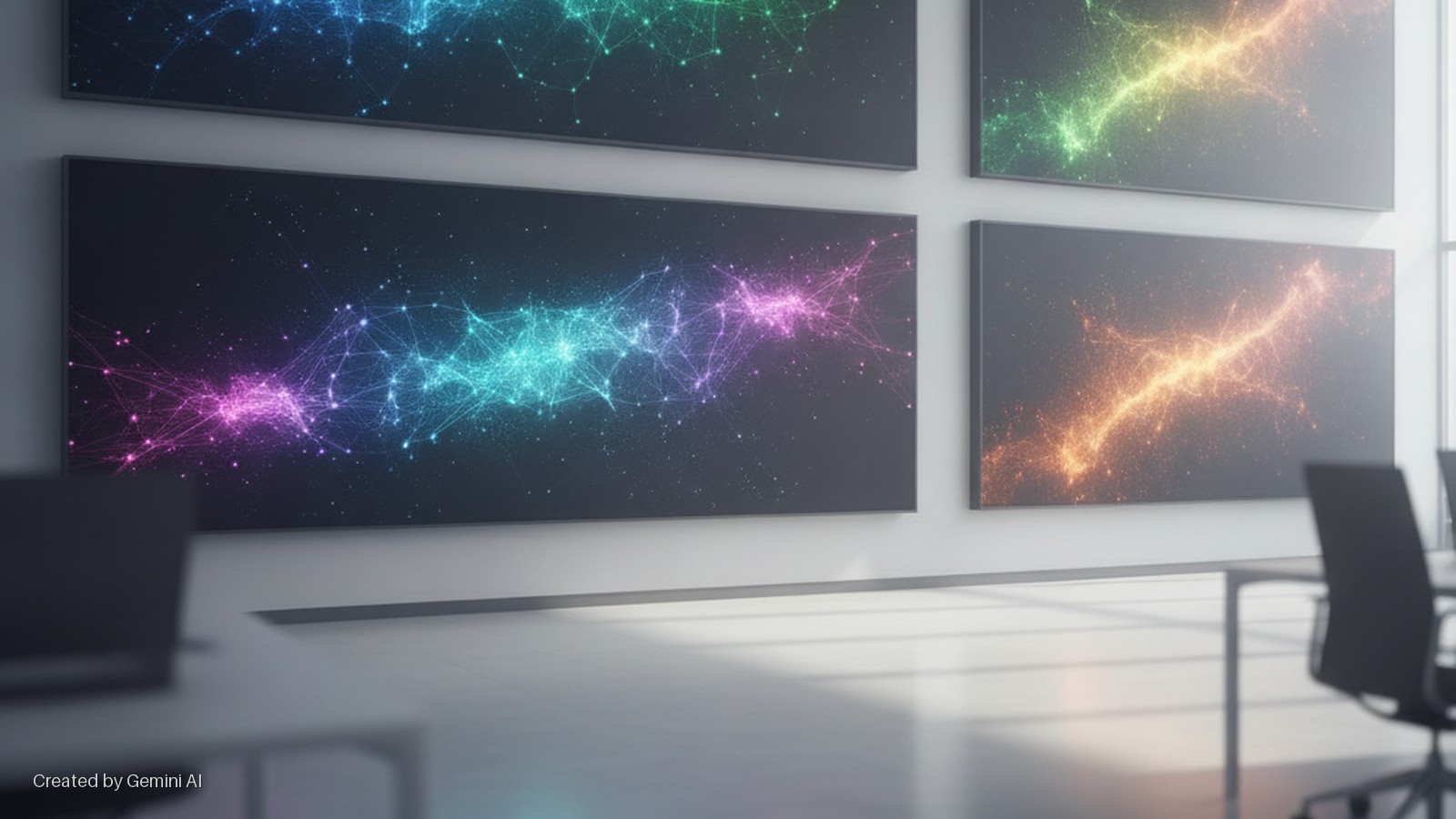 A modern office space features multiple wall-mounted screens displaying vibrant, interconnected abstract network graphics, with natural light from windows illuminating the tables and chairs.