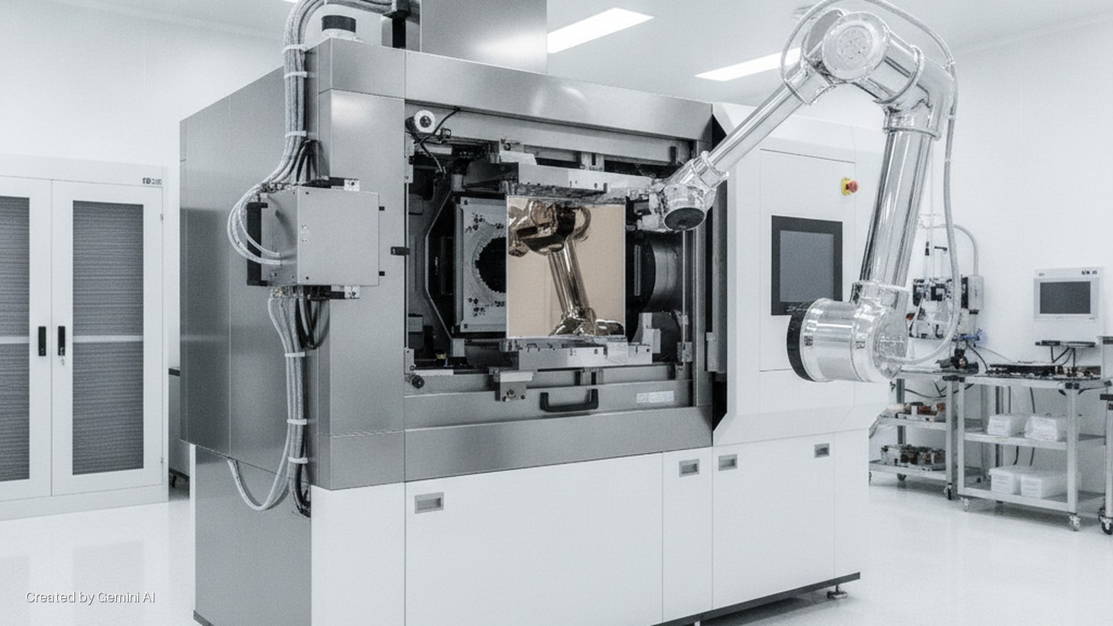 A large, silver industrial machine with a polished, articulated robotic arm and a reflective square panel operates in a brightly lit clean room, flanked by white cabinets and rolling laboratory carts with monitors.