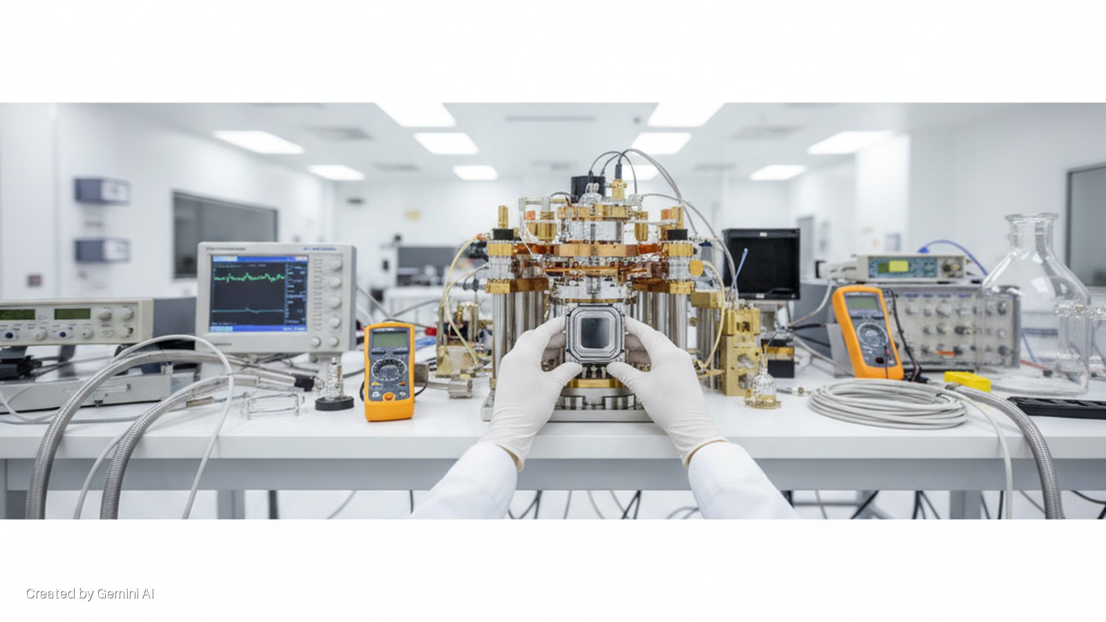 Gloved hands hold a square component into a complex gold and silver scientific apparatus on a white lab bench, surrounded by various electronic measurement devices and cables in a brightly lit cleanroom.