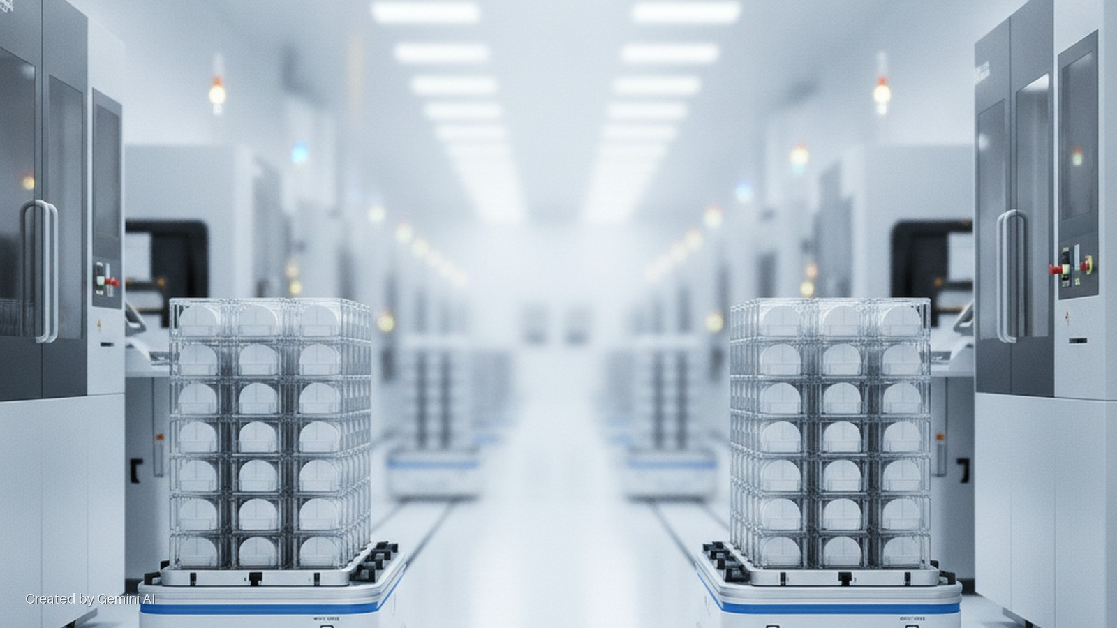Stacks of semiconductor wafer carriers on autonomous mobile robots move through a brightly lit cleanroom lined with industrial manufacturing equipment.